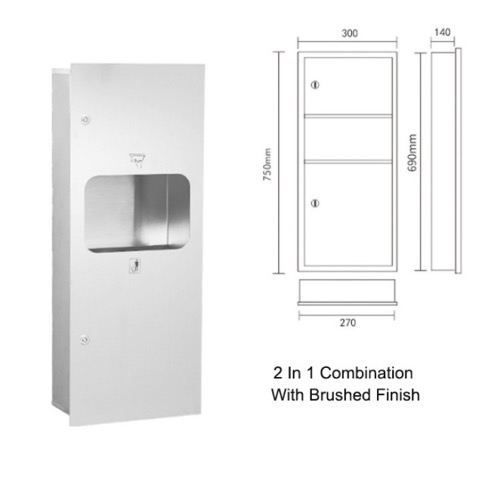 Product Features Recessed Stainless Steel Paper Dispenser and trash can combination Made by 304# Stainless Steel Material(1.2mm thickness), Brushed Finish Item Size: 750*300*140mm Anti-theft lock design to prevent vandalism Designed for high traffic bathroom Easy installation and maintainence. Keywords: Stainless Steel Paper Dispenser Combination Paper Towel Dispenser and Bin Combination Commercial 2 in1 combination Paper Towel Dispenser and waste bin combination Recessed stainless steel paper dispenser and trash can combination